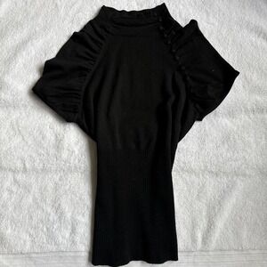 Black fitted office siren glamour top with button detailing around the neck